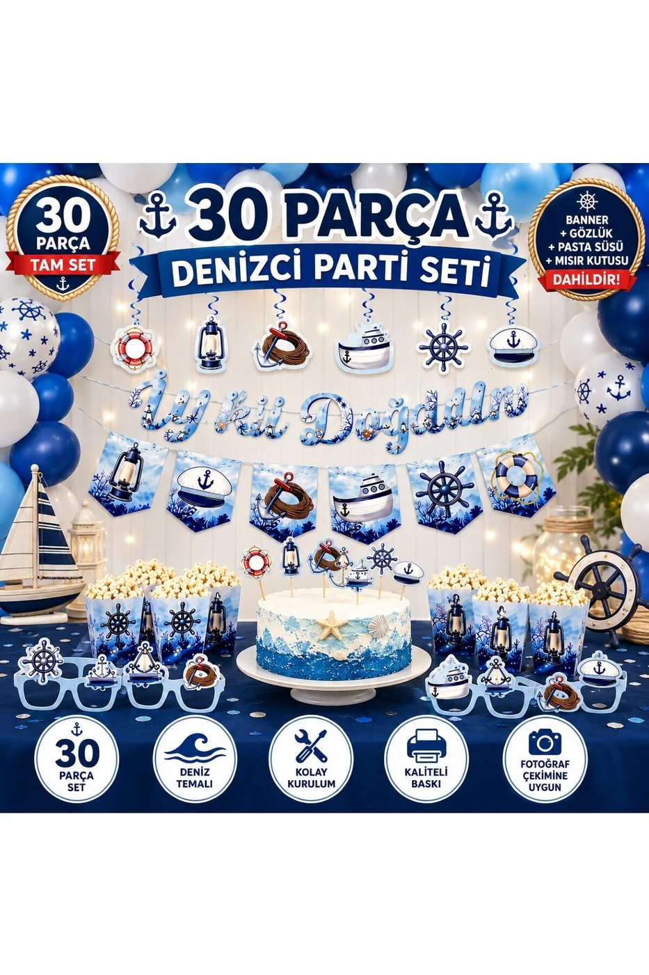 Deniz Temalı Doğum Günü Parti Seti 30 Parça | Denizci Konsept Parti Malzemeleri ve Süsleri gorsel 4