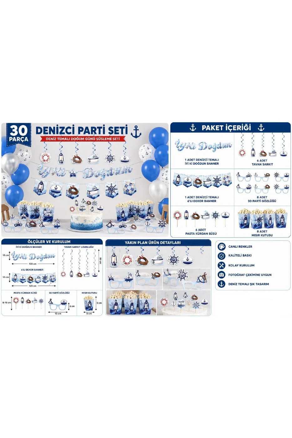 Deniz Temalı Doğum Günü Parti Seti 30 Parça | Denizci Konsept Parti Malzemeleri ve Süsleri gorsel 6