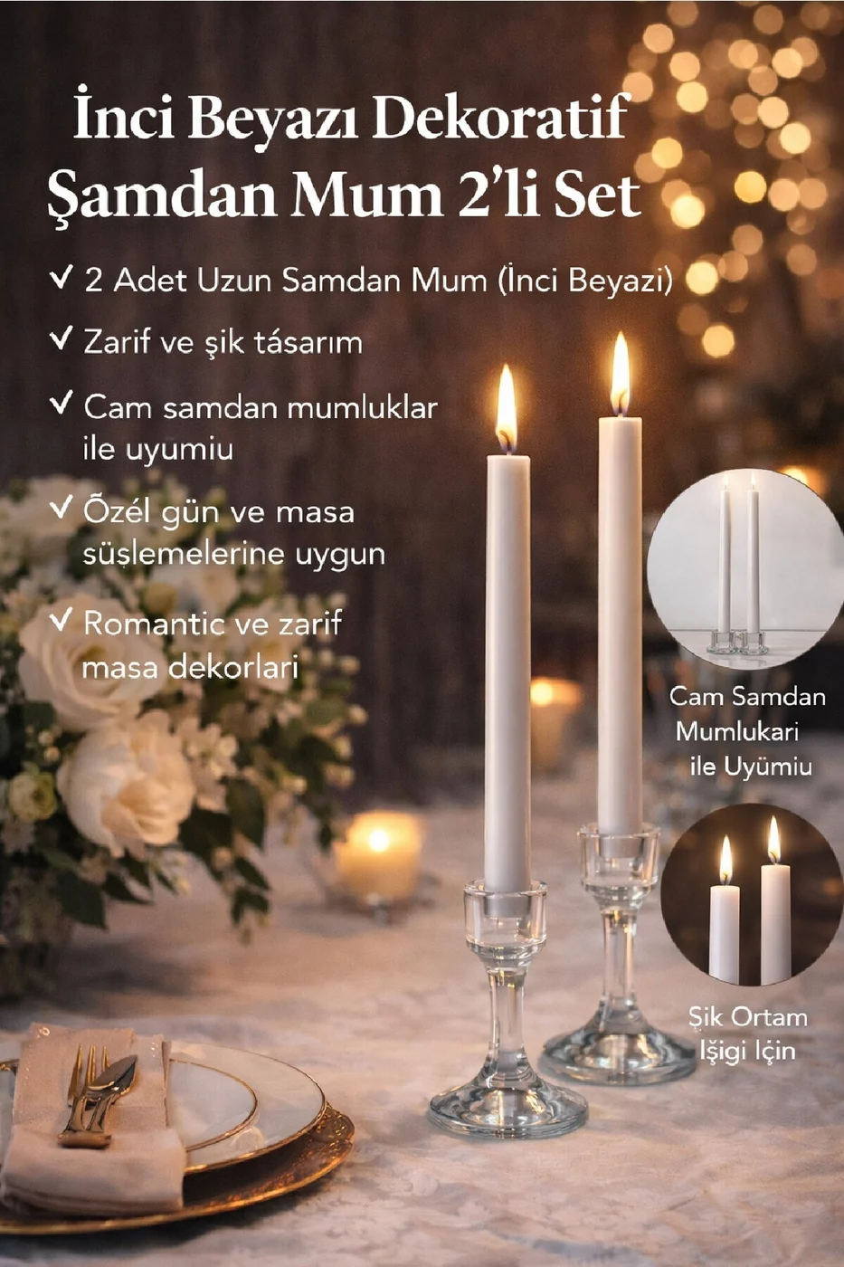 LUXE Şamdan Mum Seti 2’li Gold / Ivory / Silver Dekoratif Uzun Şamdan Mum gorsel 2