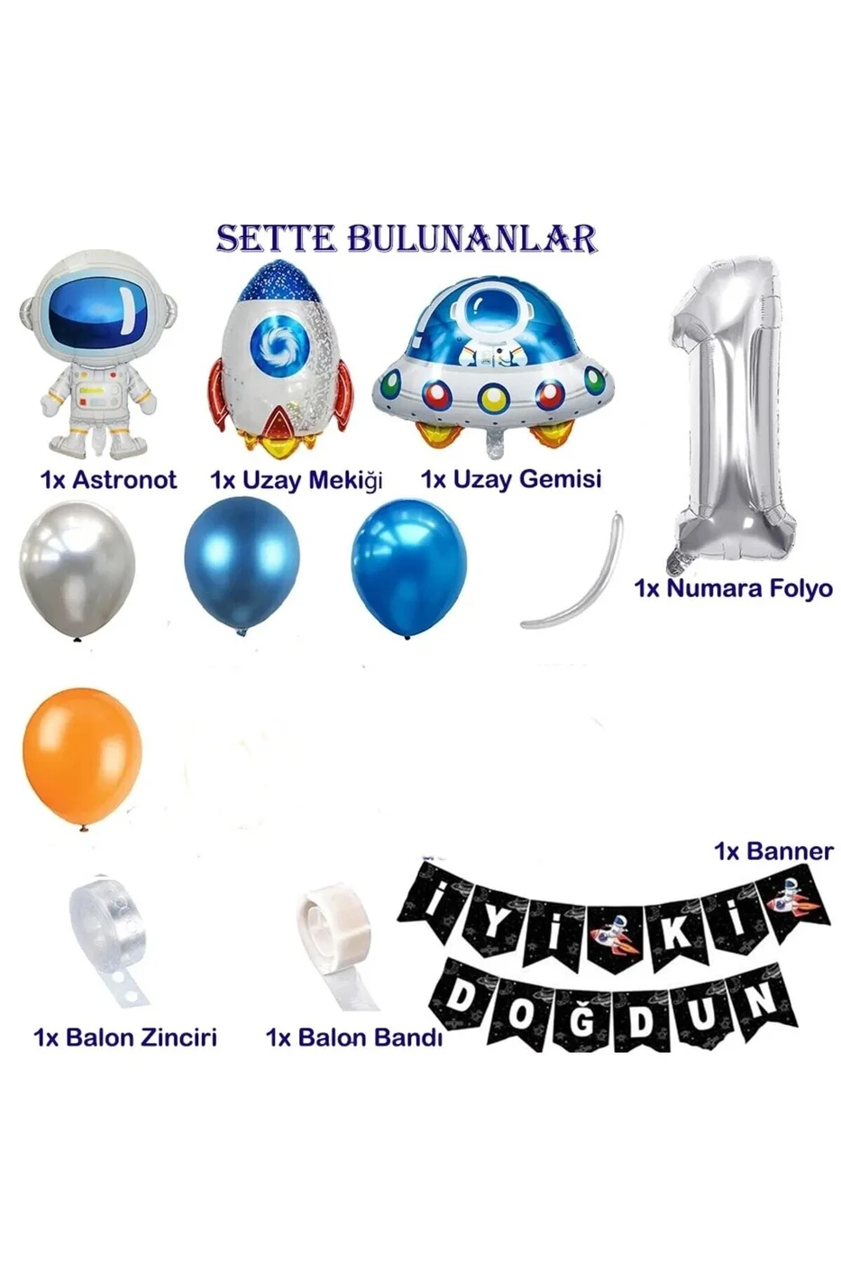 Uzay Temalı Doğum Günü Seti 1 Yaş; 4 Adet Folyo, 50 Lateks Balon, Banner, Balon Zinciri, Balon Bandı gorsel 2