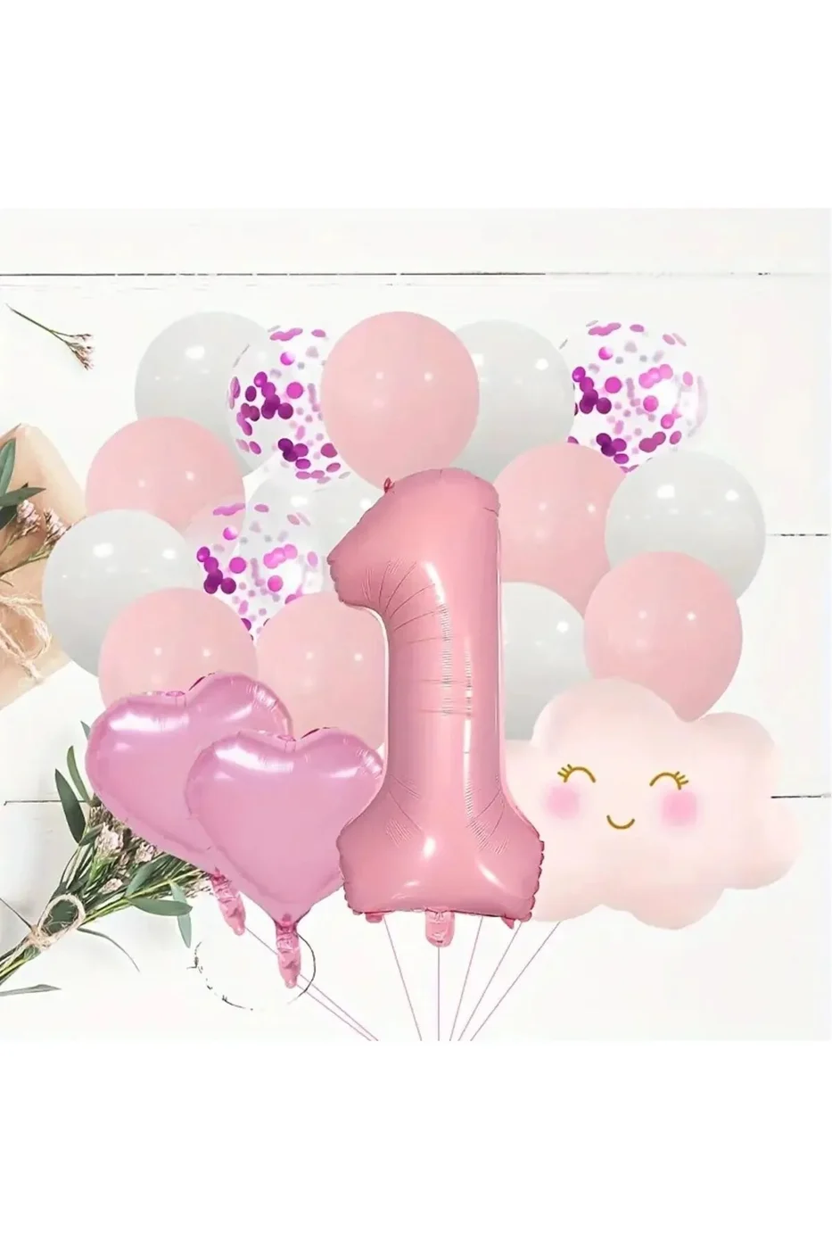Pembe Rakam Yaş Folyo Balonlu Pembe Bulut Folyolu Doğum Günü Parti Seti Süsü