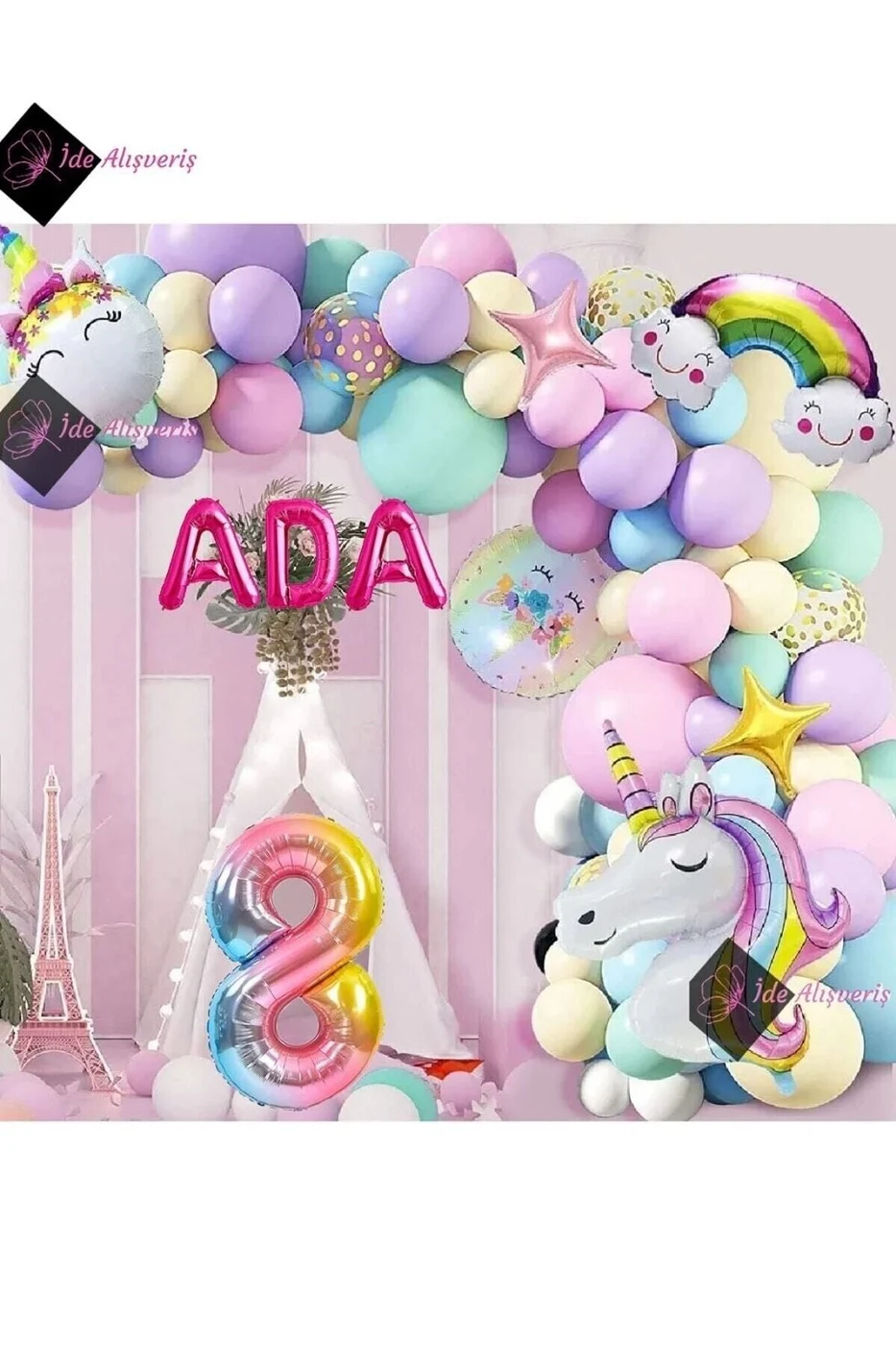 8 Yaş Ve 3 Harfli Gökkuşağı Konsepti Unicorn Temalı Makaron Balon Doğum Günü Parti Kutlama Seti gorsel 3