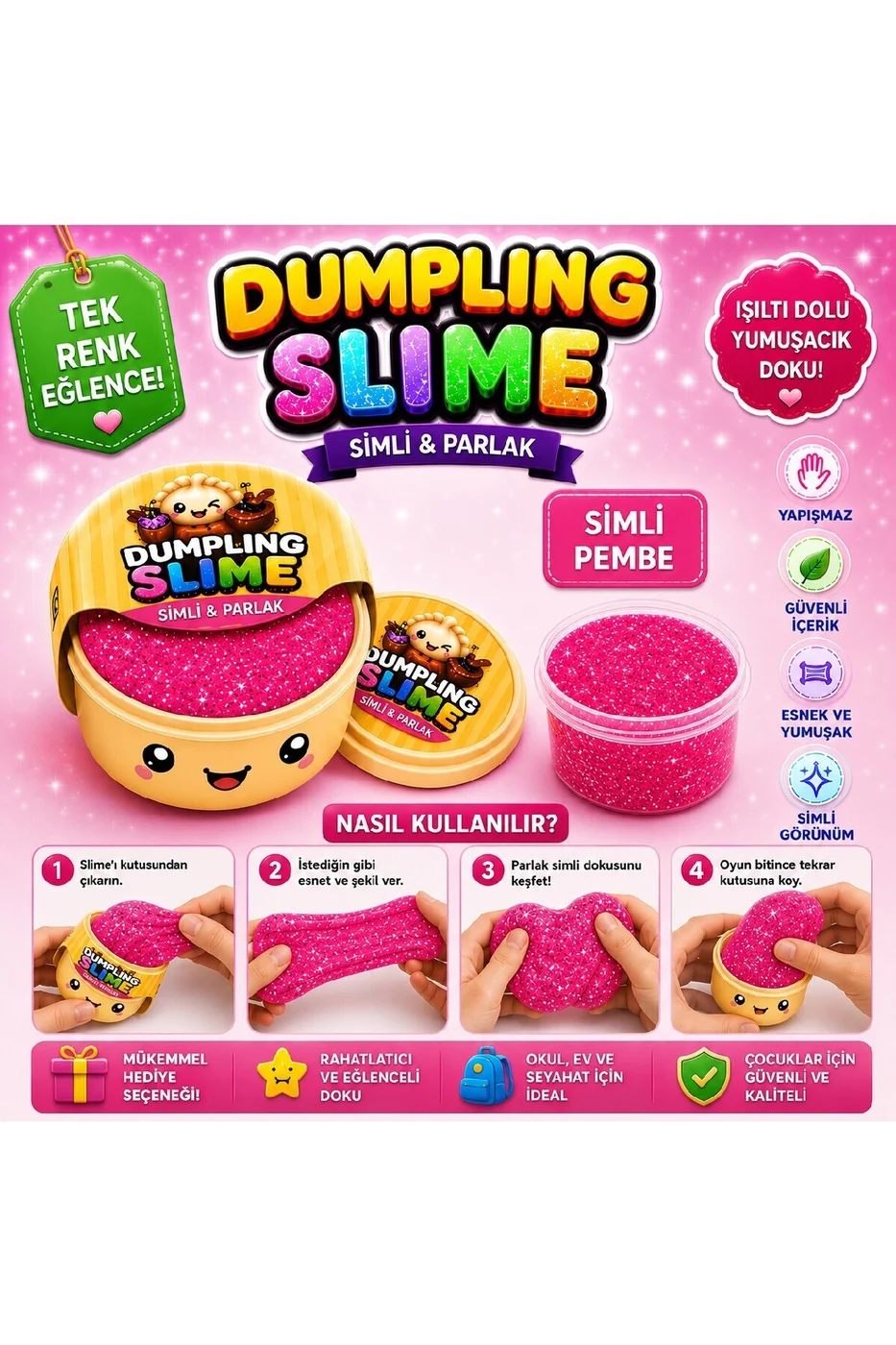 Çin Mantısı Slime Simli Oyun Hamuru Tekli | Glitter Slime | Esnek Yumuşak Doku | Kapaklı Kutu | 6 Renk Seçeneği