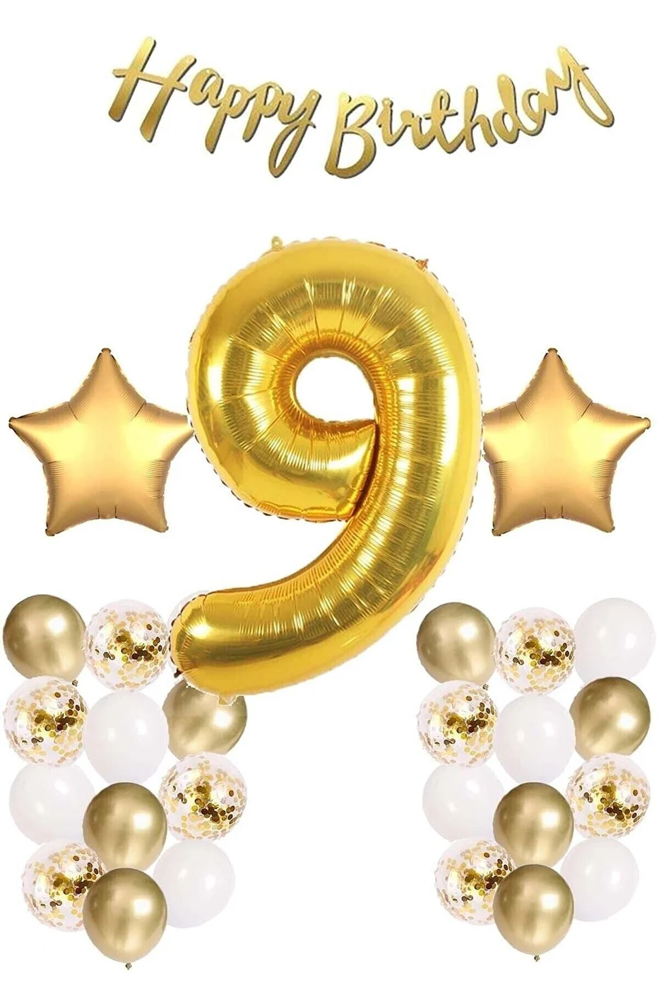 Gold Konsept Doğum Günü Kutlama Seti; Beyaz Gold Konfetili Balon, Rakam Yıldız Folyo Ve Banner