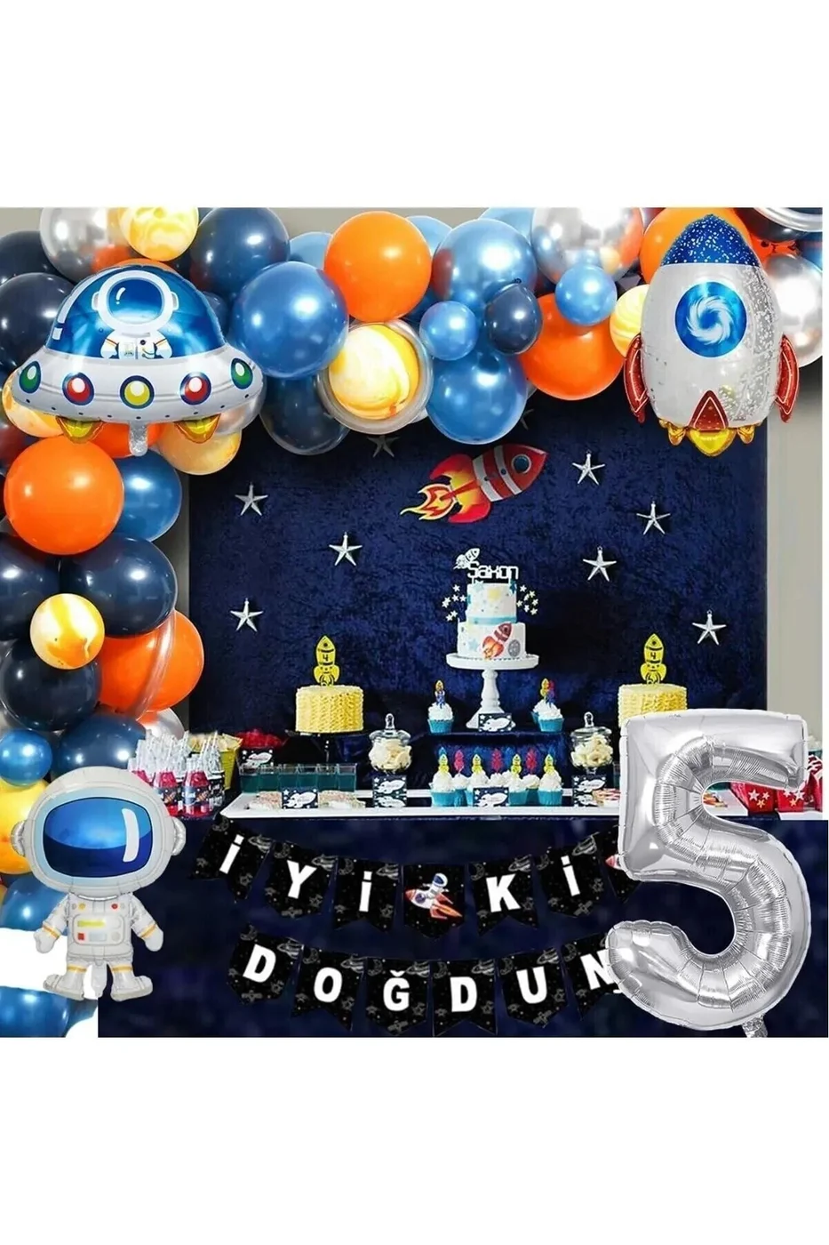Uzay Temalı Doğum Günü Seti 5 Yaş; 4 Adet Folyo, 50 Lateks Balon, Banner, Balon Zinciri, Balon Bandı gorsel 4