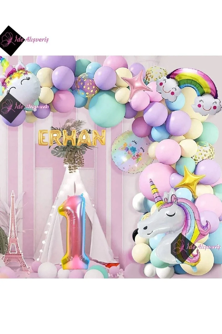 5 Harfli 1 Yaş Gökkuşağı Konsepti Unicorn Temalı Makaron Balon Doğum Günü Parti Kutlama Seti