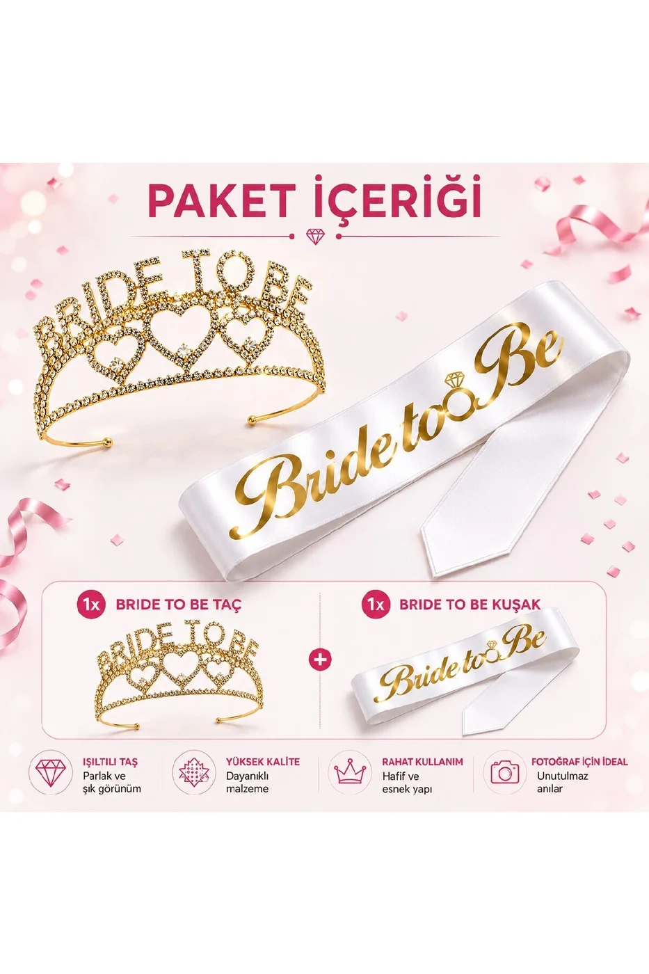 Gold Bride To Be Taç ve Kuşak Seti Bekarlığa Veda Partisi Gelin Tacı Kuşağı gorsel 7