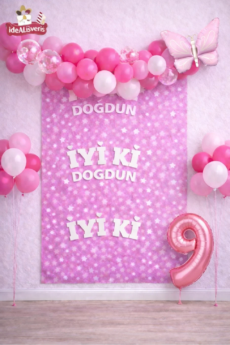 Retro Kelebekli Pembe Yaş Balonlu İyi Ki Doğdun Baskılı Arkafon Doğum Günü Parti Seti Süsü