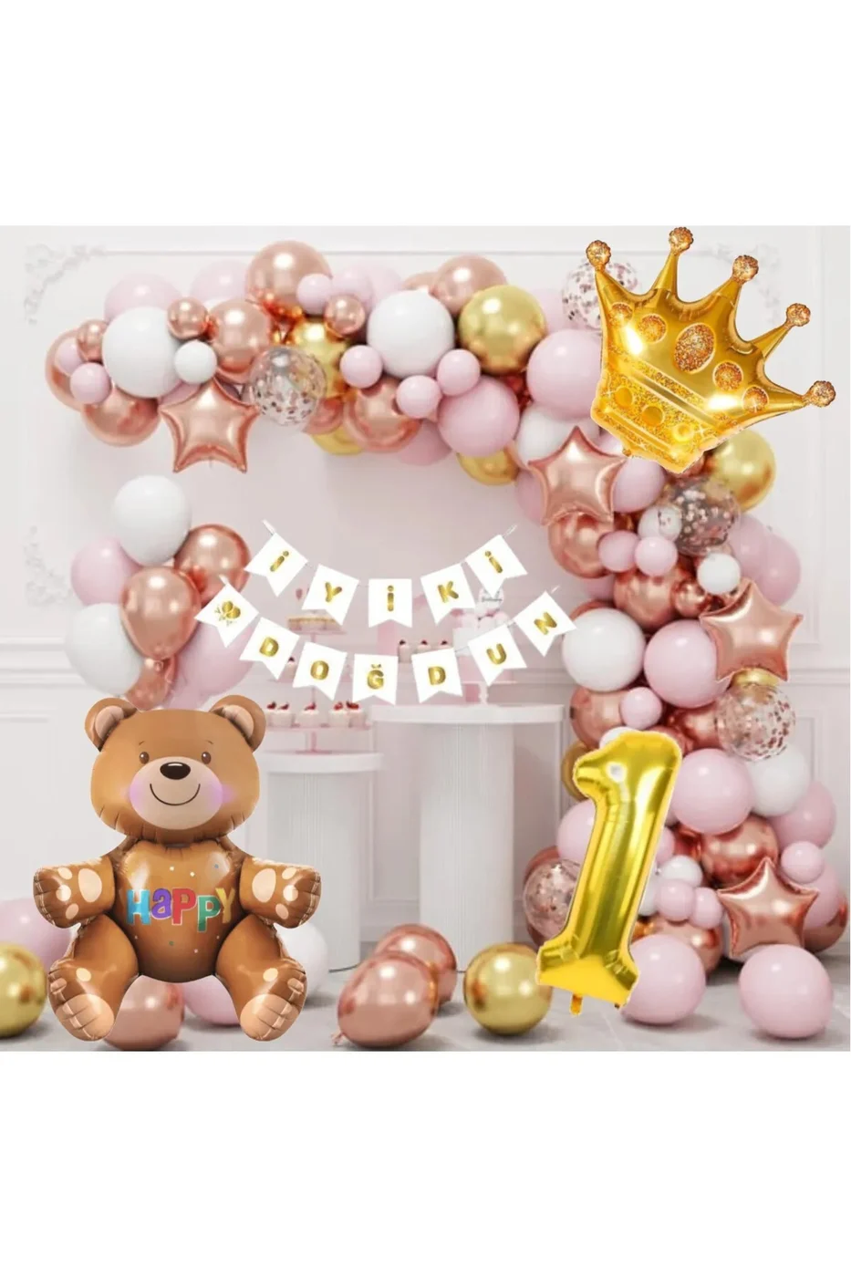 GOLD YAŞ RAKAMLI KRAL TAÇ OTURAN AYI TEMALI  ROSE GOLD PEMBE BALONZİNCİRİ DOĞUM GÜNÜ PARTİ SETİ SÜSÜ gorsel 6