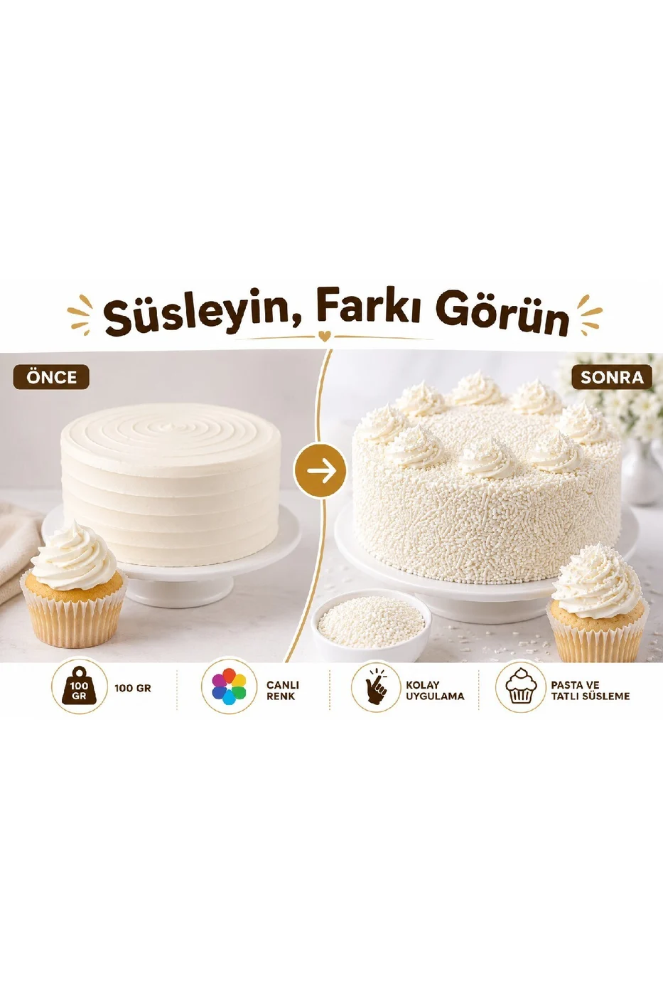 🌟 Beyaz Granül Pasta Süsü 200 Gr | Pasta, Cupcake, Donut, Kurabiye ve Tatlı Süsleme Şekeri gorsel 6
