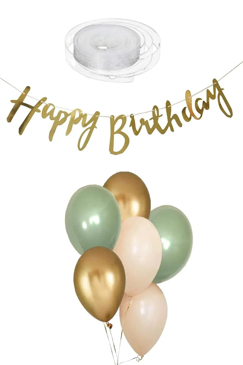 7 Küf Yeşili 3 Krom Gold 3 Kum Rengi Pastel Balon Gold Happy Birthday Banner Mini Zincir Balon Seti gorsel 5