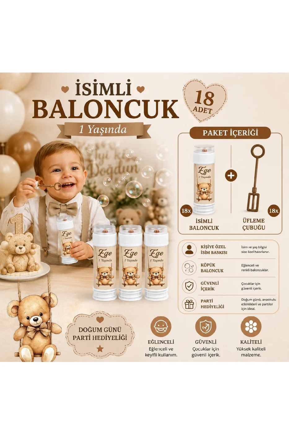 Kişiye Özel İsimli Baloncuk 18 Adet – Ayıcık Temalı Doğum Günü Parti Hediyeliği Köpük Baloncuk Seti gorsel 3