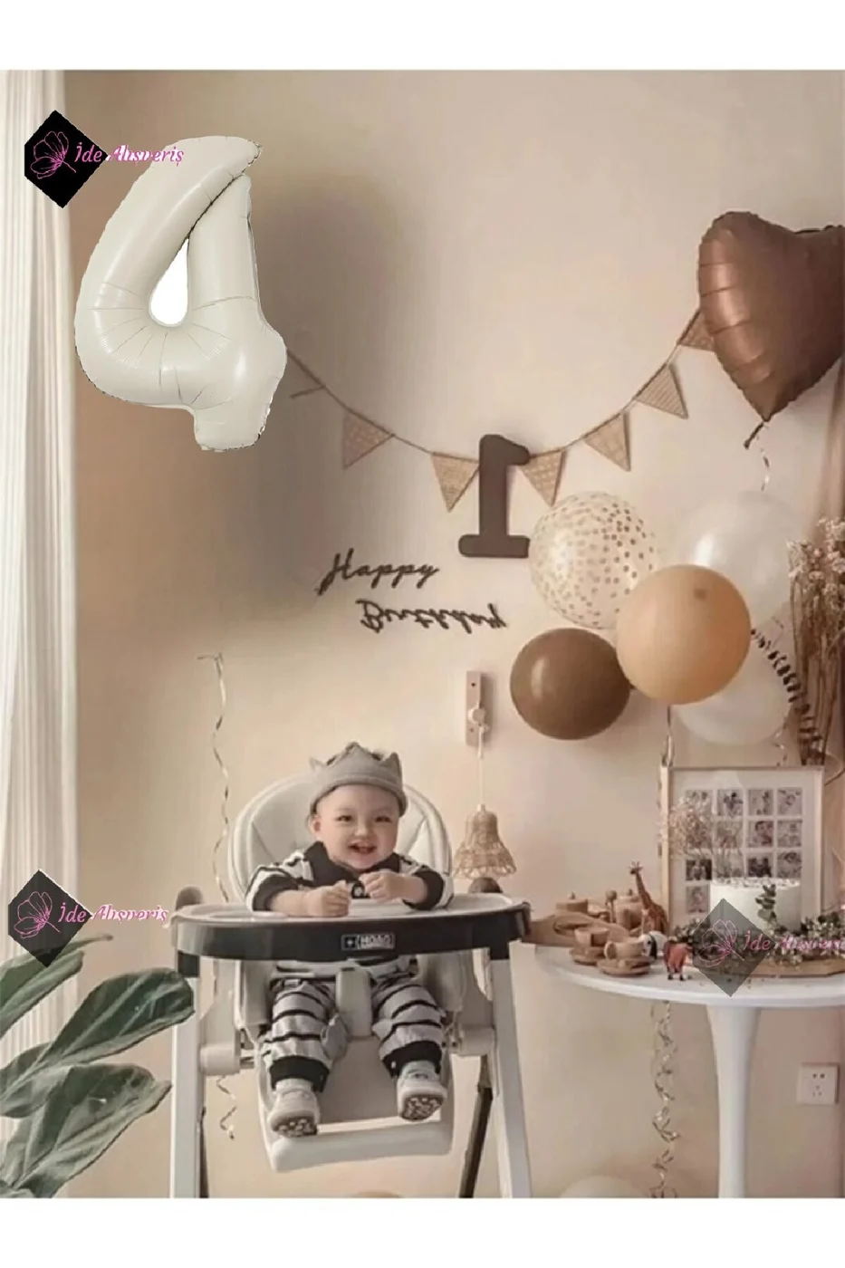 10 Adet Balonlu Kahverengi Kalp Folyolu ,Krem 4 yaş Folyo Balon gorsel 2