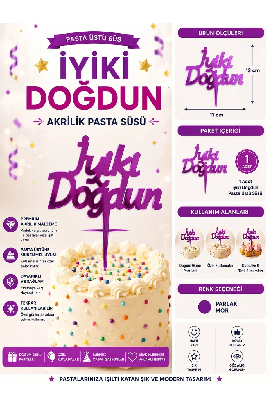 İyiki Doğdun ve Happy Birthday Pasta Üstü Süsü Yazısı Akrilik Parlak Doğum Günü Pasta Yazısı Topper 11x12 cm Doğum Günü Parti Pastası Dekoru