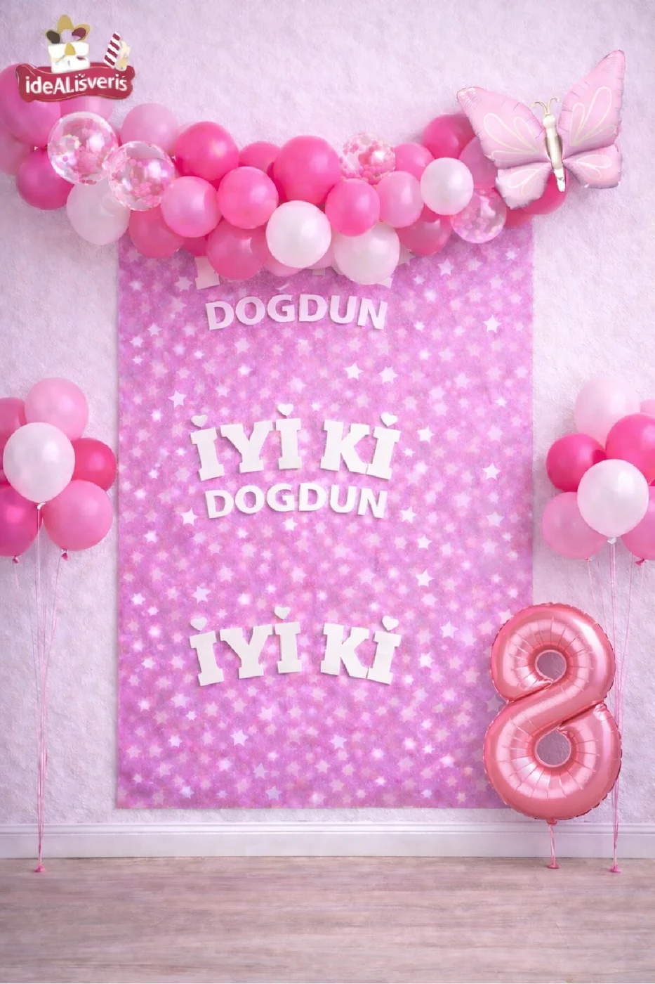 Retro Kelebekli Pembe Yaş Balonlu İyi Ki Doğdun Baskılı Arkafon Doğum Günü Parti Seti Süsü gorsel 2