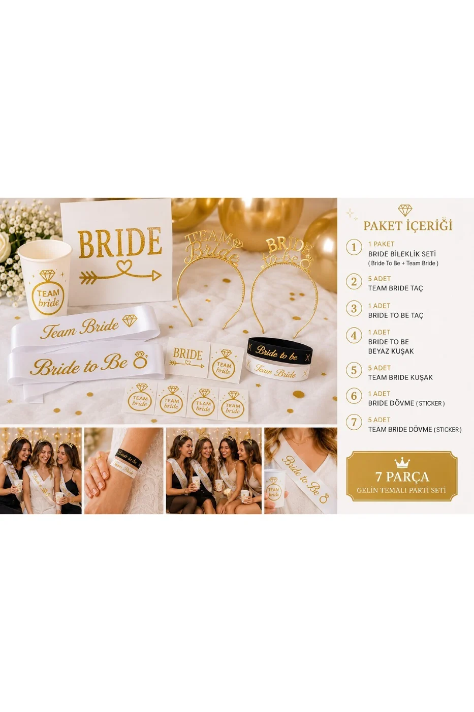 Bride Team Bride 7 Parça Bekarlığa Veda Parti Seti | Bride To Be Taç ve Kuşak, Team Bride Taç, Kuşak, Bileklik ve Dövme Organizasyon Seti