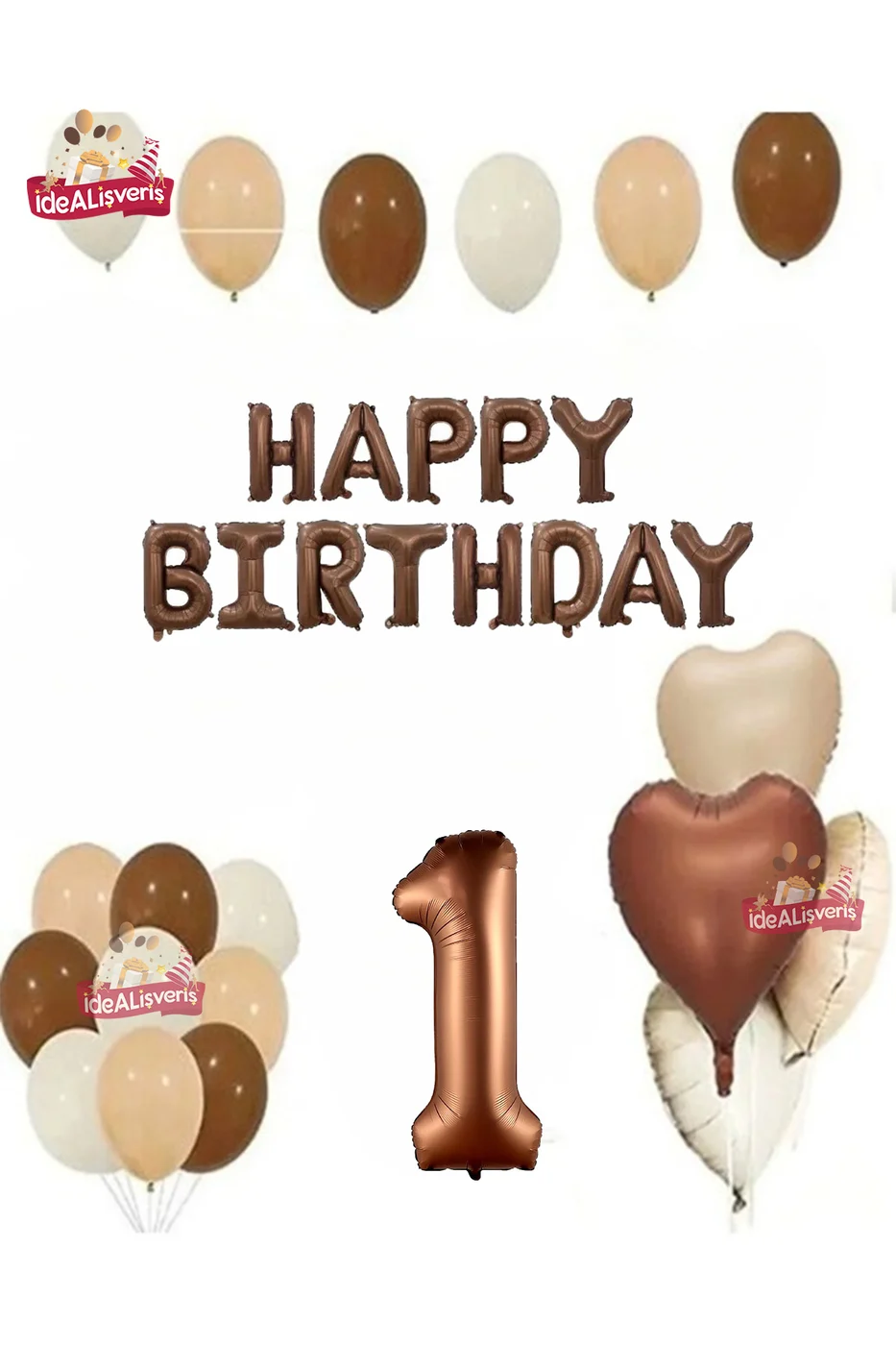 1 Yaş Happy Birthday Kahverengi Folyo Balon Bej Kahverengi Beyaz Doğum Günü Parti Seti