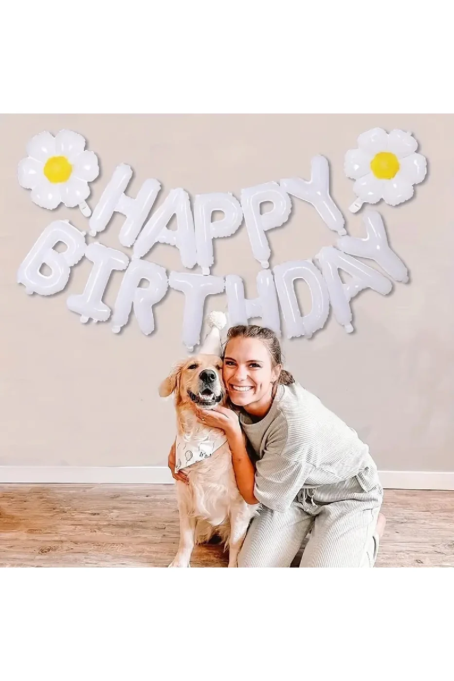 Beyaz Renk Happy Folyo Balonları Pankart Seti, 2 Papatya Balonu ile gorsel 3