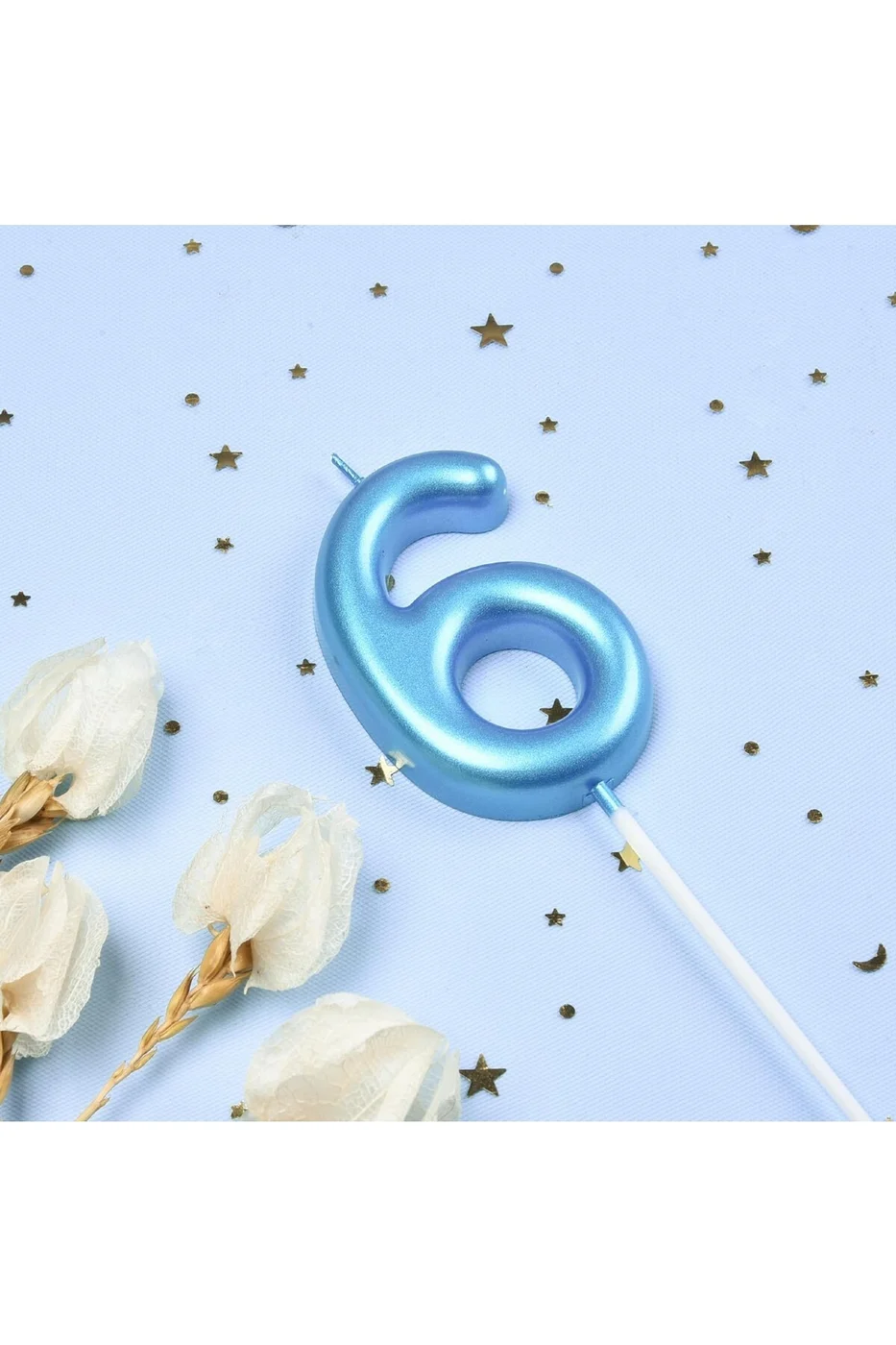 6 YAŞ PARLAK AÇIK MAVİ ŞIK MUM 12 CM gorsel 2