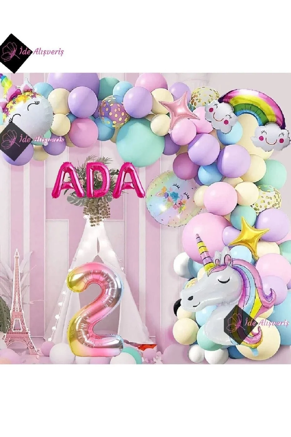 2 Yaş Ve 3 Harfli Gökkuşağı Konsepti Unicorn Temalı Makaron Balon Doğum Günü Parti Kutlama Seti gorsel 3
