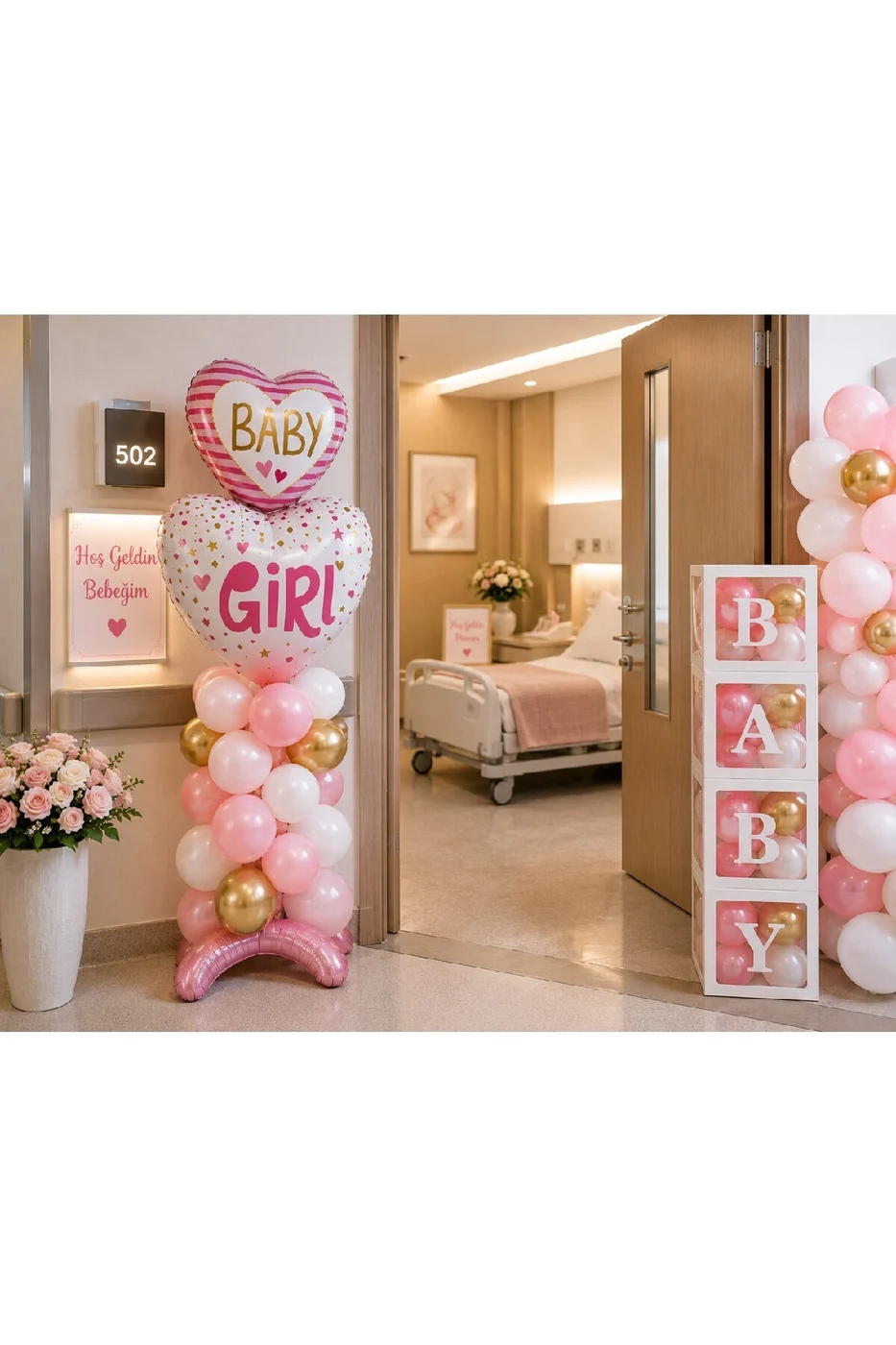Baby Girl Hastane Odası Süsleme Seti – Hoş Geldin Bebek Kız Balon Dekorasyon Seti | BABY Kutu, Balon Standı ve Balon Zinciri gorsel 3