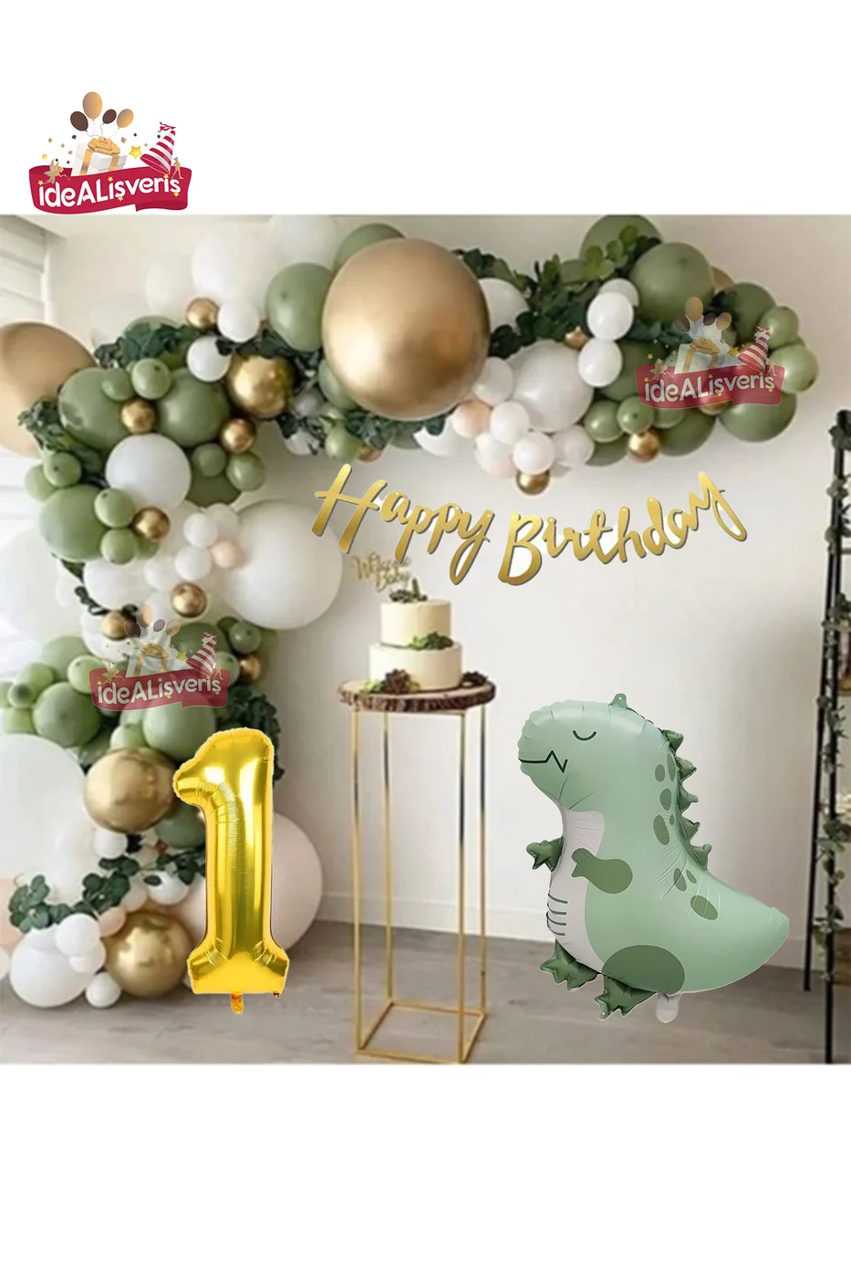 Retro Yeşil Dinazor Folyolu Küf Yeşili Gold Beyaz Balon Zinciri Seti Doğum Günü Parti Seti Süsü