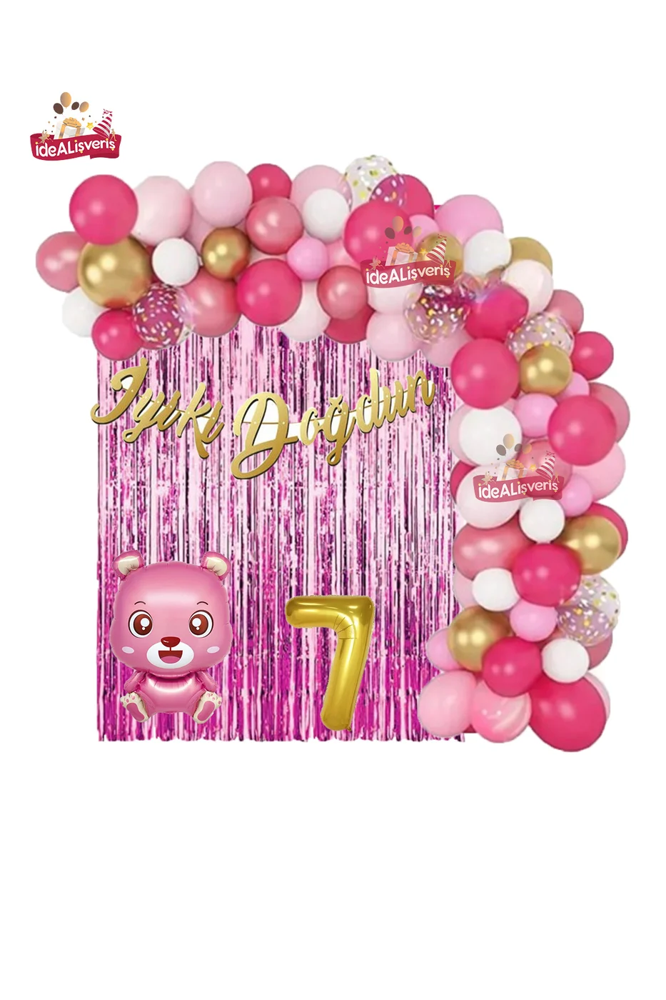 Pembe Ayıcık Gold 7 Yaş Folyo Balonlu İyi ki Doğdun Yazılı Pembe Gold Doğum Günü Parti Seti