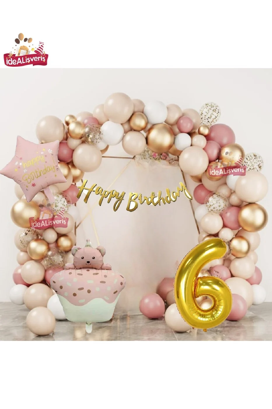 PEMBE RETRO KEK AYICIK KAFALI PEMBE RETRO YILDIZ GOLD 6 YAŞ FOLYOLU BALON DOĞUM GÜNÜ PARTİ SETİ SÜSÜ