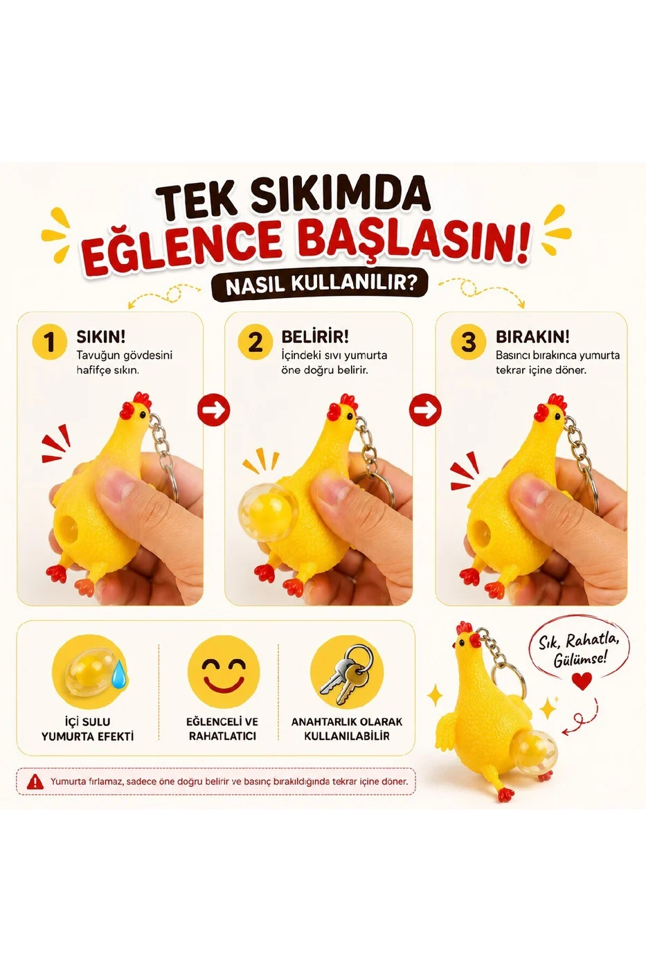 Yumurtlayan Tavuk Anahtarlık Sıkmalı Stres Oyuncağı Squishy Komik Hediyelik Oyuncak gorsel 2