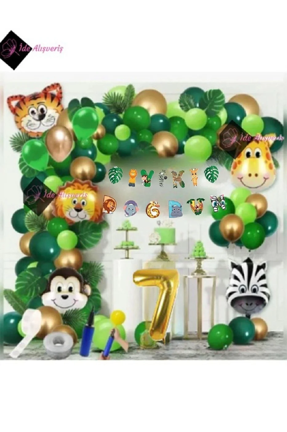 7 Yaş Iyi Ki Doğdun Uzar Yazı Safari Temalı Folyo Lüks Zincir Balon Seti