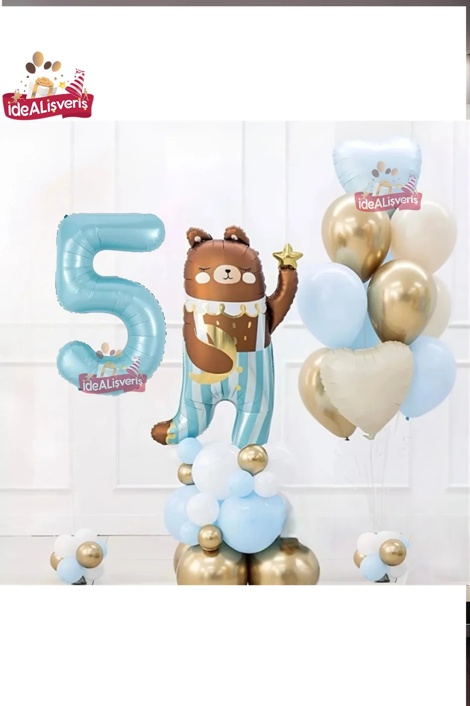 SEVİMLİ TEDDY BEAR AYI FOLYOLU 5 YAŞ MAVİ FOLYOLU DOĞUM GÜNÜ PARTİ SETİ SÜSÜ