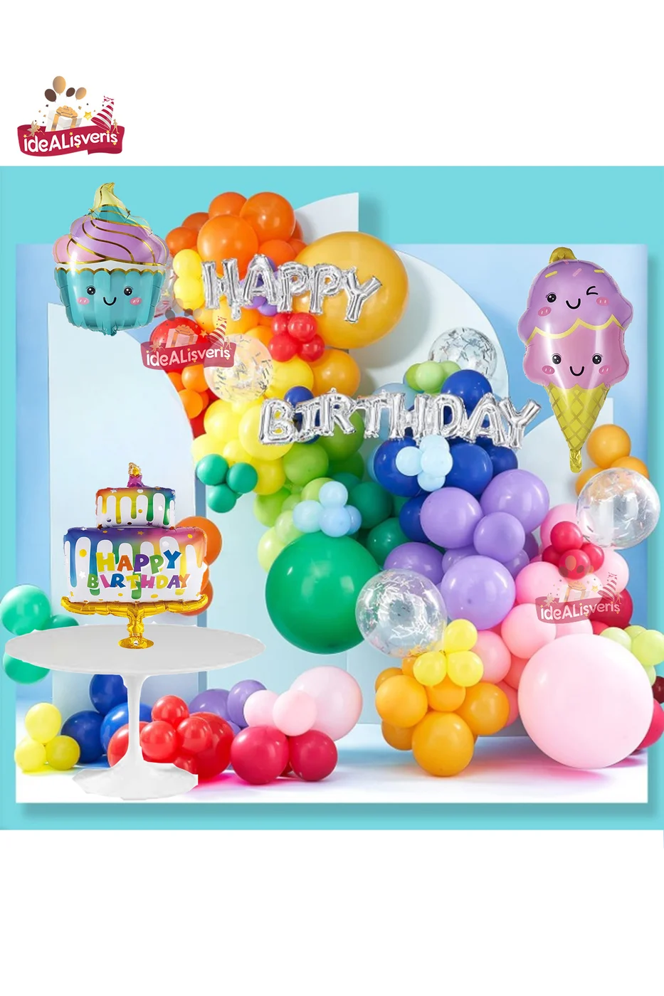 Lüks Pasta Kek Dondurma Folyolu Rengarenk Doğum Günü Balon Zincir Seti