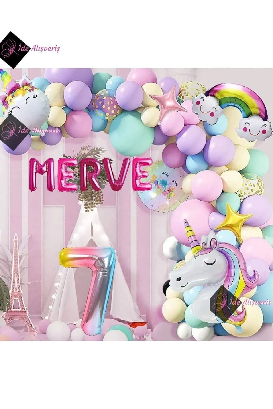 5 Harfli 7 Yaş Gökkuşağı Konsepti Unicorn Temalı Makaron Balon Doğum Günü Parti Kutlama Seti gorsel 3
