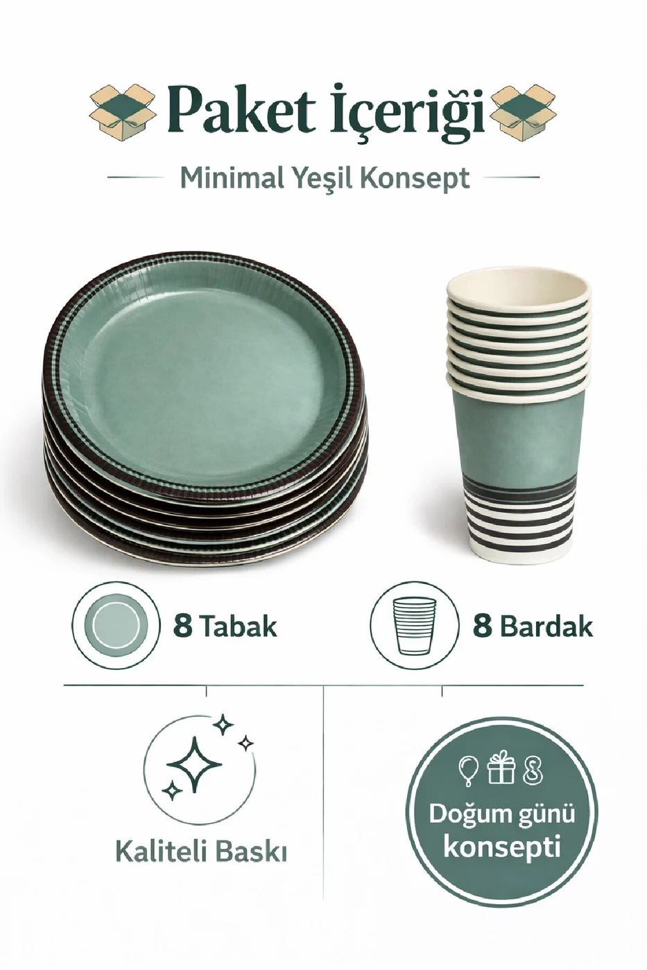 Retro Şık Yeşil Doğum Günü Seti – 8’li Tabak & Bardak gorsel 2