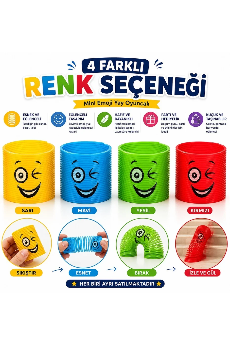 Mini Emoji Yay Oyuncak 2'li | Renkli Esnek Slinky Yay | Çocuk Oyuncağı | Parti Hediyeliği | Stres Oyuncağı gorsel 2