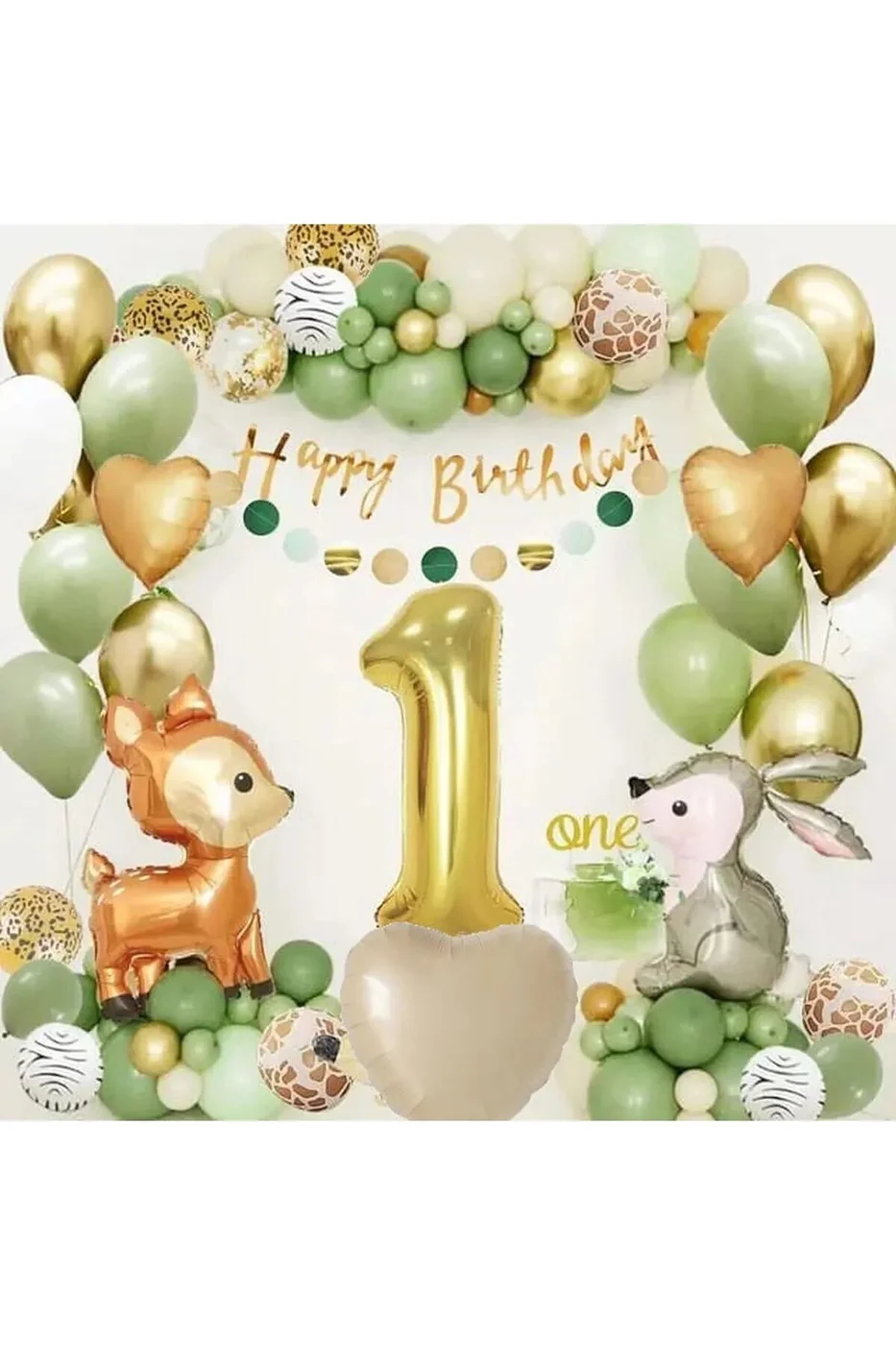 Ceylan Tavşan Gold 1 Yaş Folyolu Küf Yeşili Beyaz Balon Zincir Doğum Günü Parti Seti Süsü