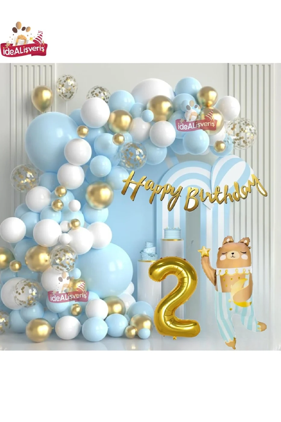 LÜKS TEDDY AYI FOLYOLU GOLD 2 YAŞ FOLYO BALONLU DOĞUM GÜNÜ PARTİ SETİ SÜSÜ