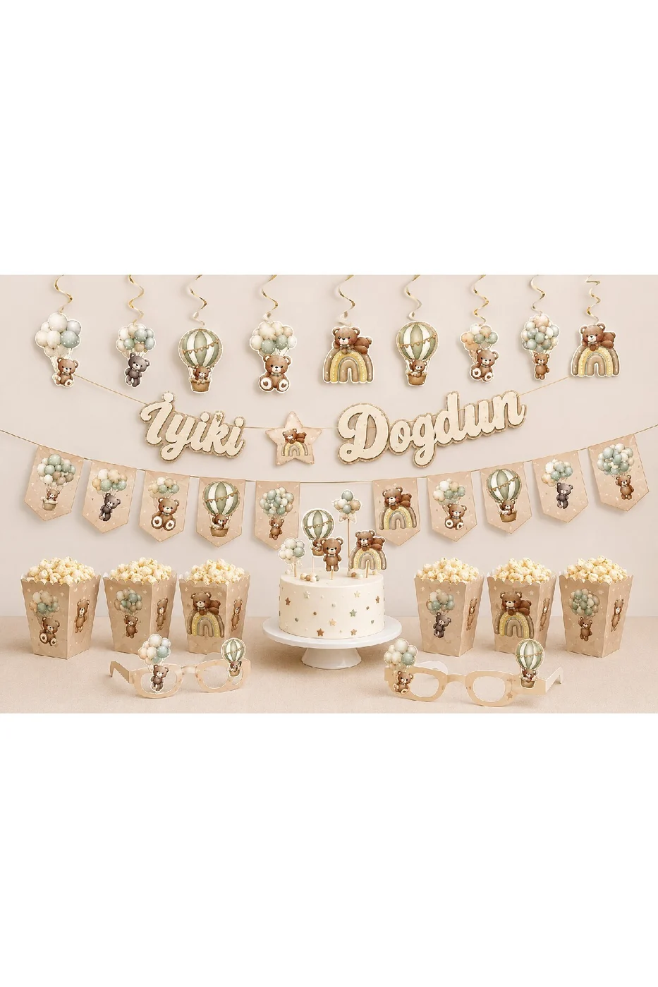Ayıcık Parti Seti 30 Parça Teddy Bear İyi Ki Doğdun Doğum Günü Süsleri Banner Gözlük Pasta Figürü Mısır Kutusu Bebek Parti Konsepti