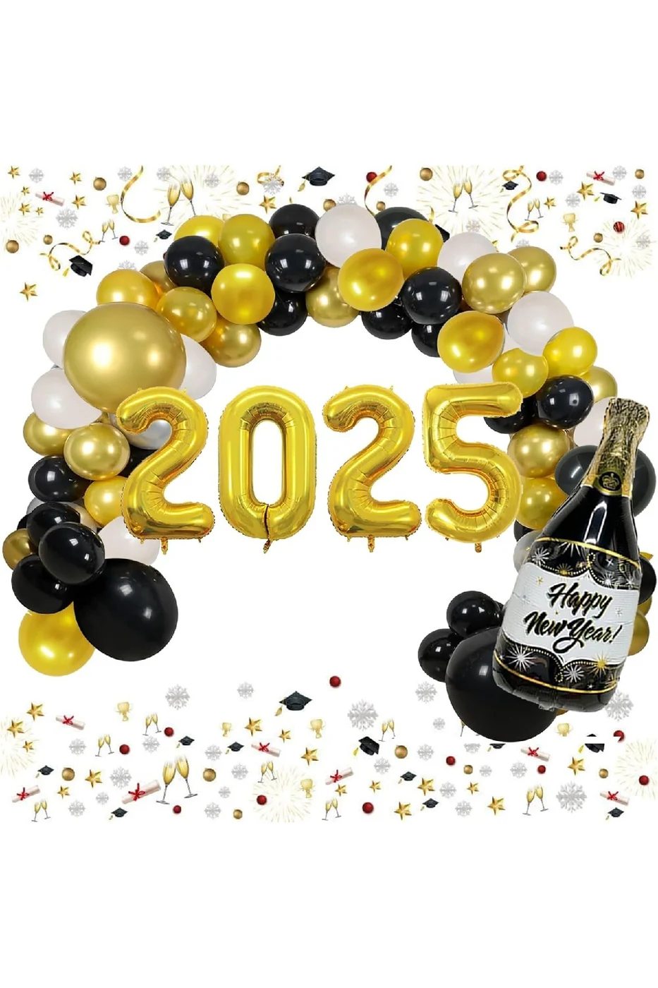 2025 Yılbaşı Partisi Malzemeleri 2025 Balonları,SiyahAltınveBeyaz Happy New Year Şişeli Yılbaşı Süsü gorsel 2