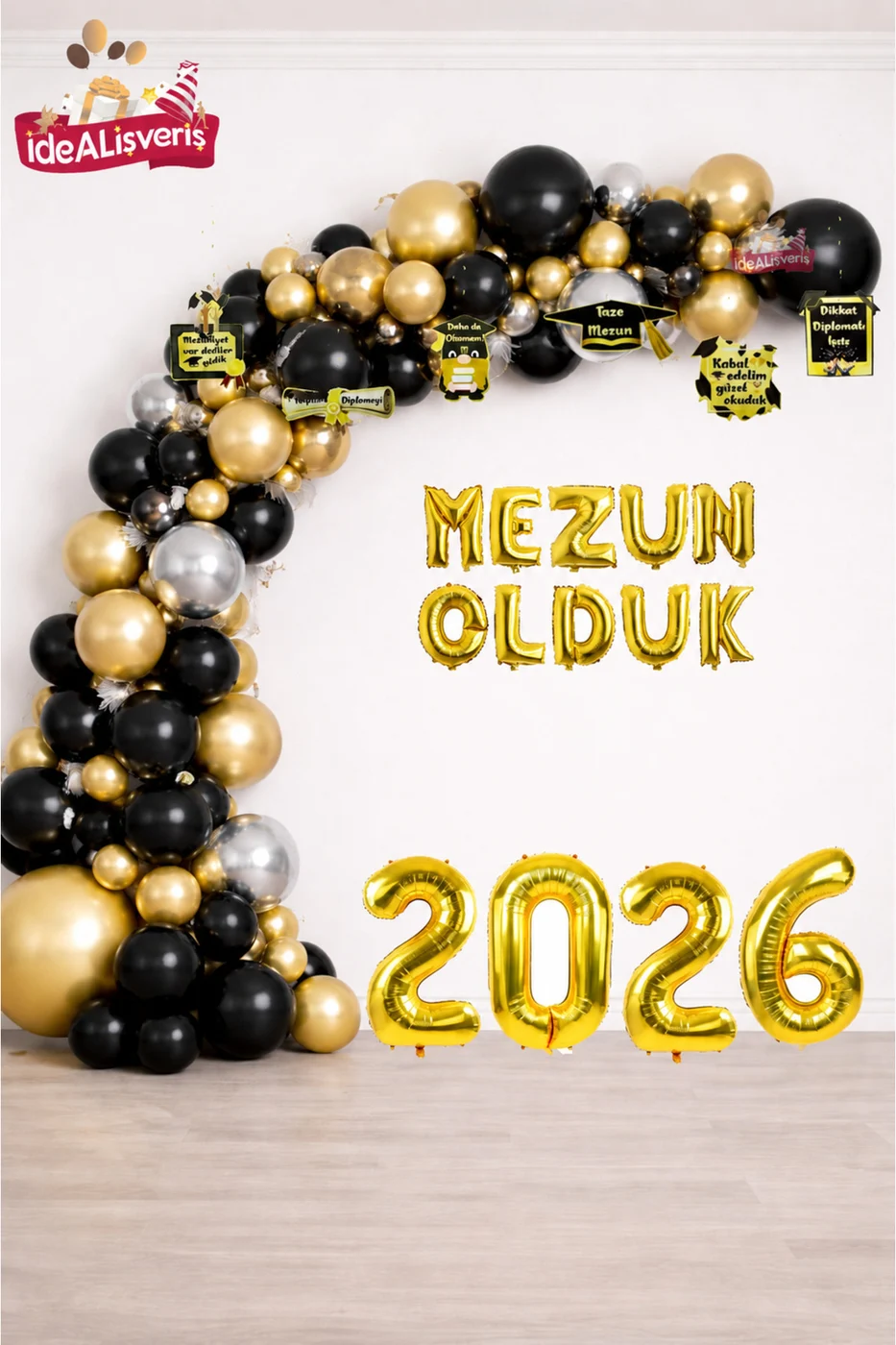 Mezuniyet Balon Seti 2026 – Siyah Gold Balon Zinciri + Mezun Olduk Yazı + Rakam Balon Parti Süsleri