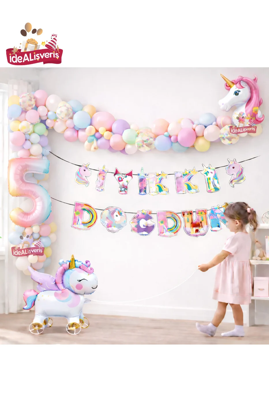 Tekerlekli Unicorn Doğum Günü Konsept Seti – Çekilebilir Folyo Yaş Balonlu Makaron Balon Zinciri