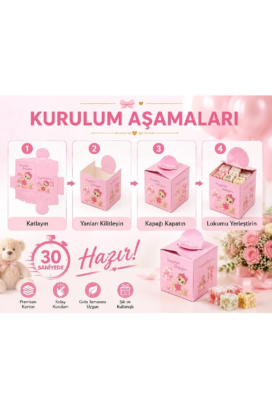 25 Adet Hoş Geldin Bebeğim Lokum Kutusu | Baby Shower Pembe Hediyelik Şeker Kutusu | Premium Karton gorsel 5