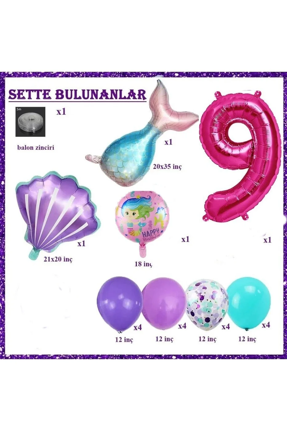 Küçük 9 Yaş Deniz Kızı Temalı Doğum Günü Parti Kutlama Seti Konsept gorsel 2