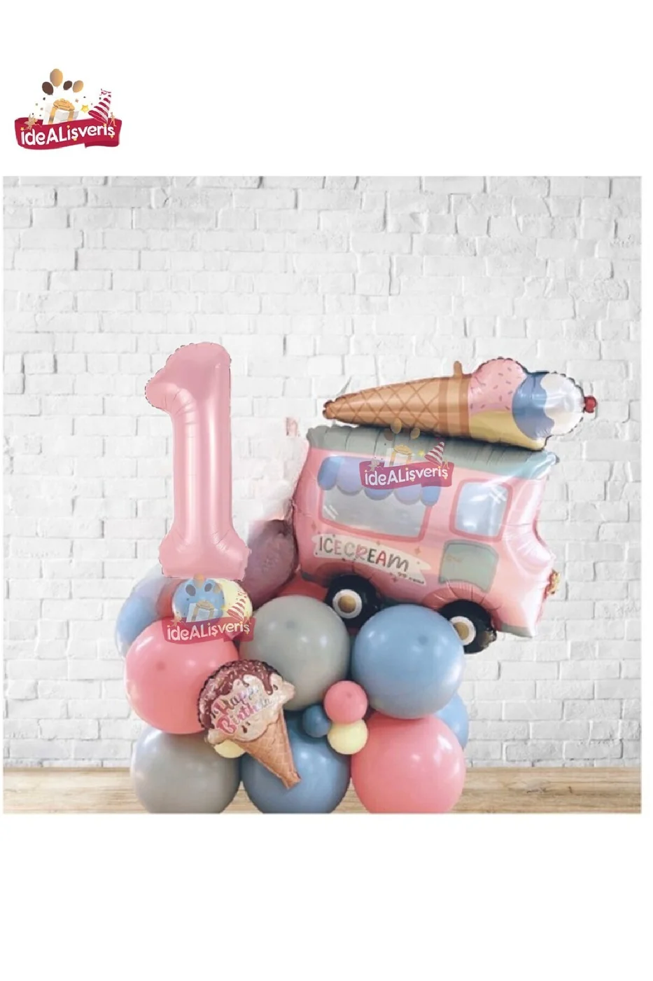 Büyük Dondurma Kamyonu Pembe 1 Yaş Folyolu Çok Tatlı Balon Yığını,Doğum Günü Parti Seti Süsü gorsel 3