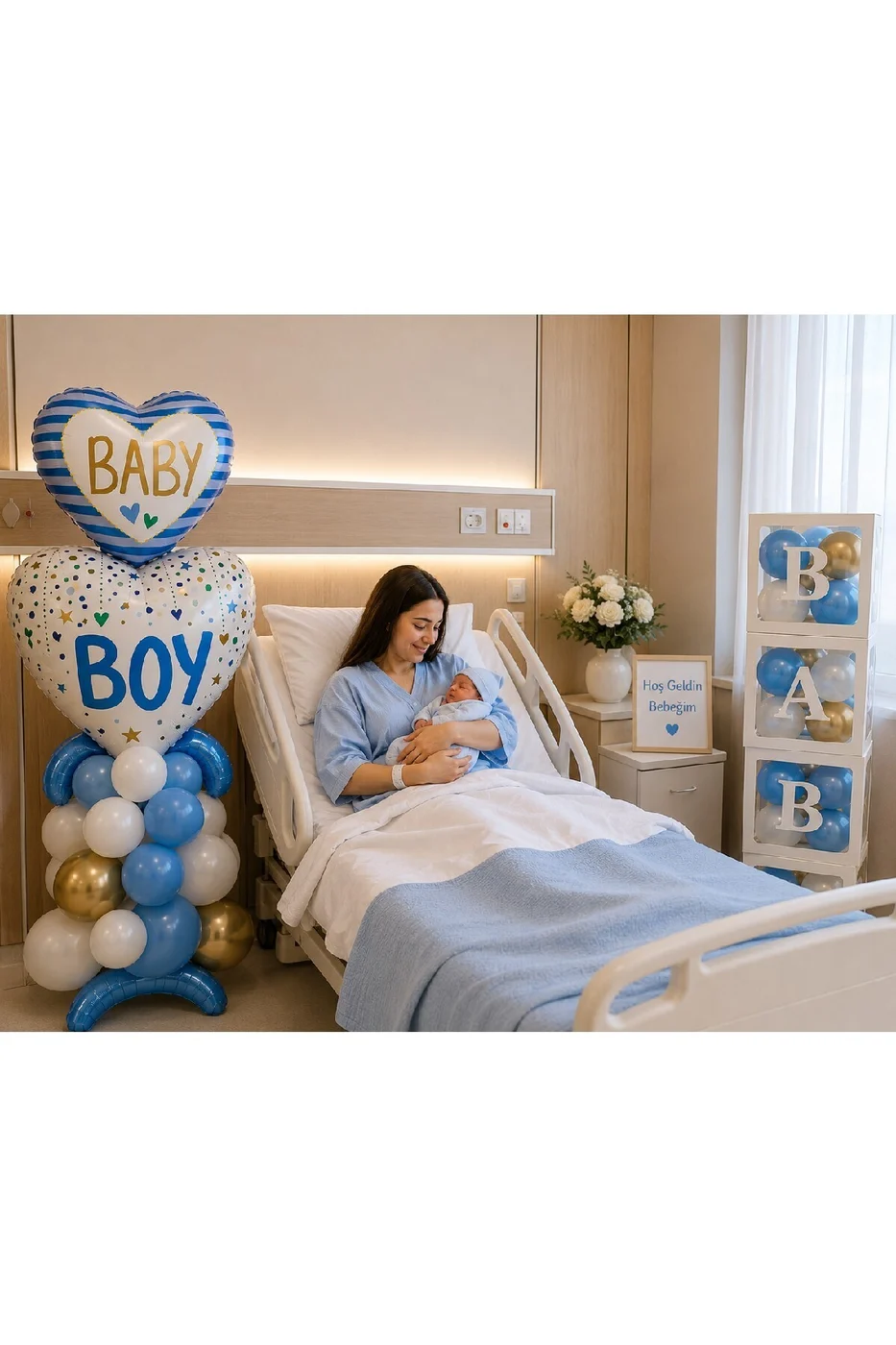 Baby Boy Hastane Odası Süsleme Seti | Erkek Bebek Hastane Karşılama Dekorasyon Seti | 4'lü BABY Kutu + Balon Zinciri Ve Balon Bandı + Folyo Balon | Premium Tam Set gorsel 2