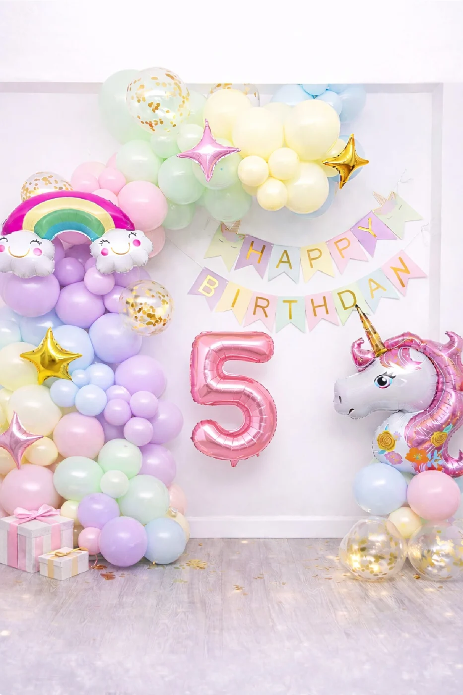 Yaş Balonlu Unicorn Temalı Pastel Doğum Günü Süsleme Seti Balon Zincirli Deluxe Parti Seti Konsepti