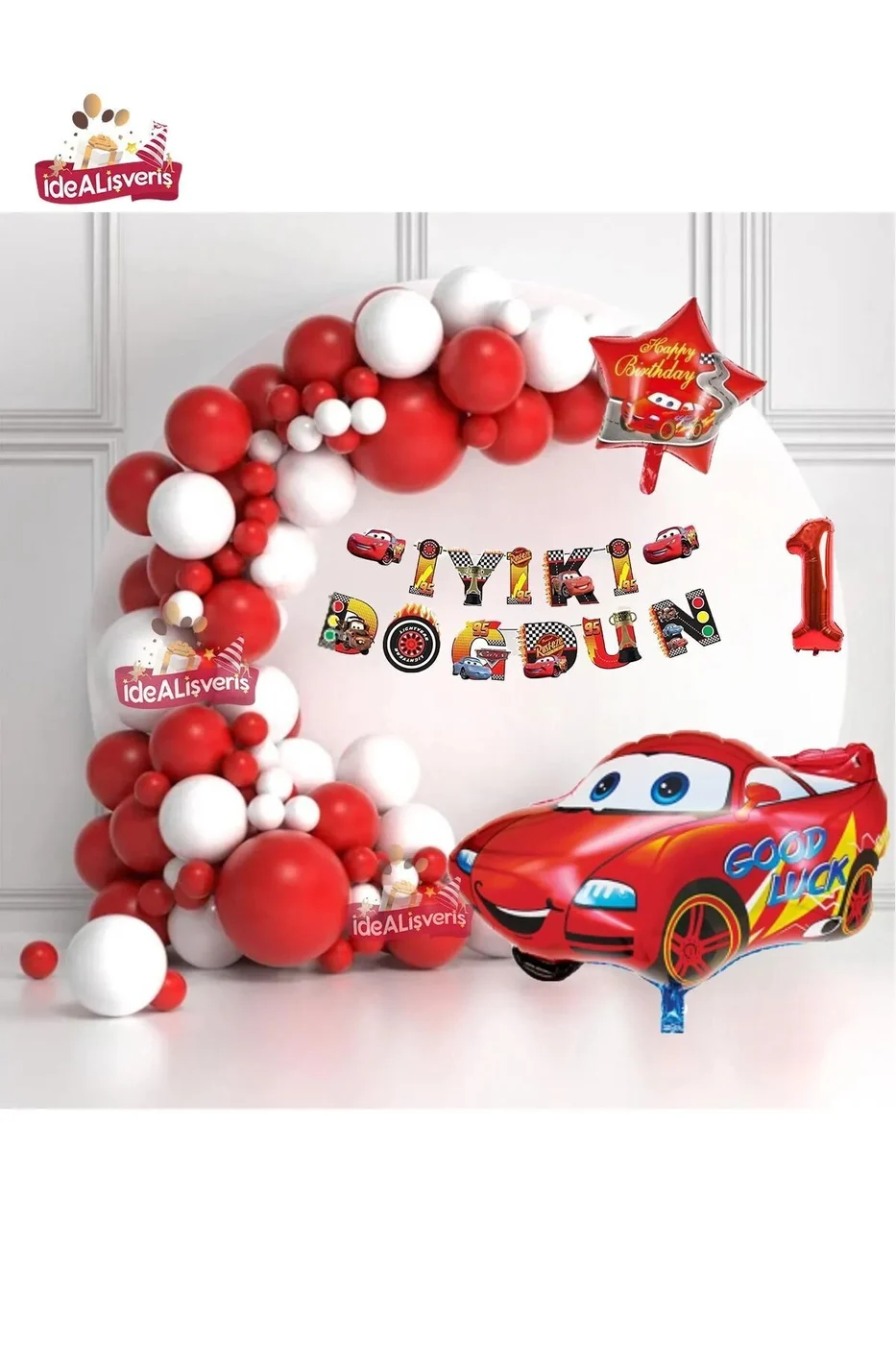 Araba Bannerli Kırmızı Araba Yıldız Folyo Balonlu Beyaz Kırmızı Konsept Doğum Günü Parti Seti Süsü gorsel 3