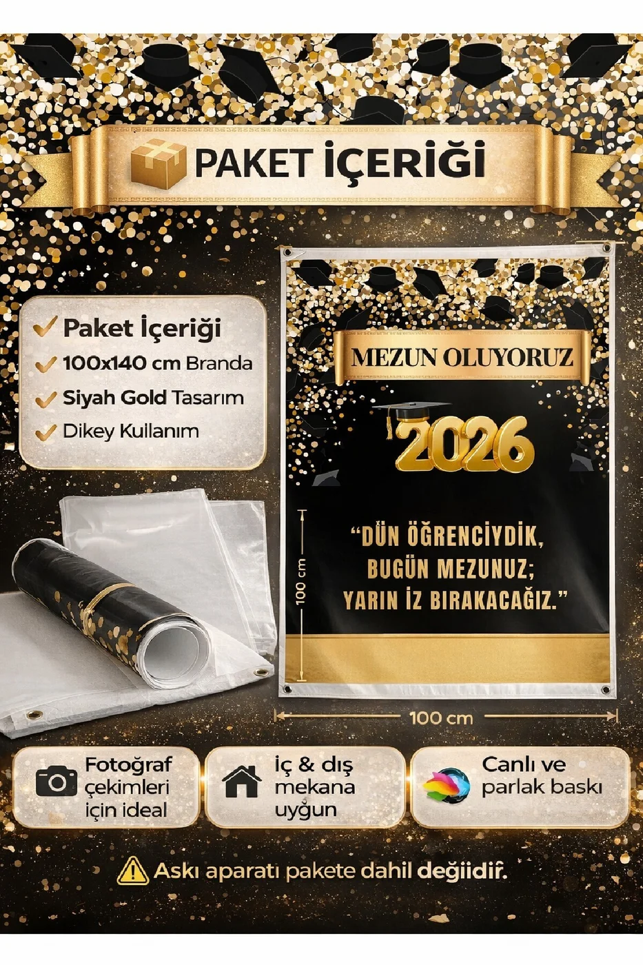 2026 Mezuniyet Afişi Siyah Gold Brandası Mezun Oluyoruz Backdrop Fotoğraf Çekim Arka Plan Brandası gorsel 2