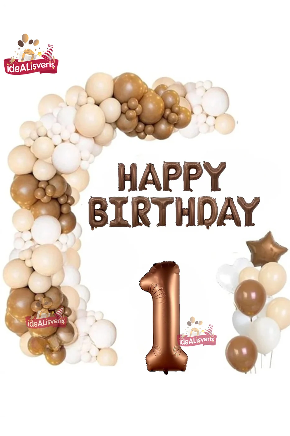 Kahverengi Happy Birthday 1 Yaş Folyo Balon Krem Beyaz Kahverengi Konsept Doğum Günü Parti Seti