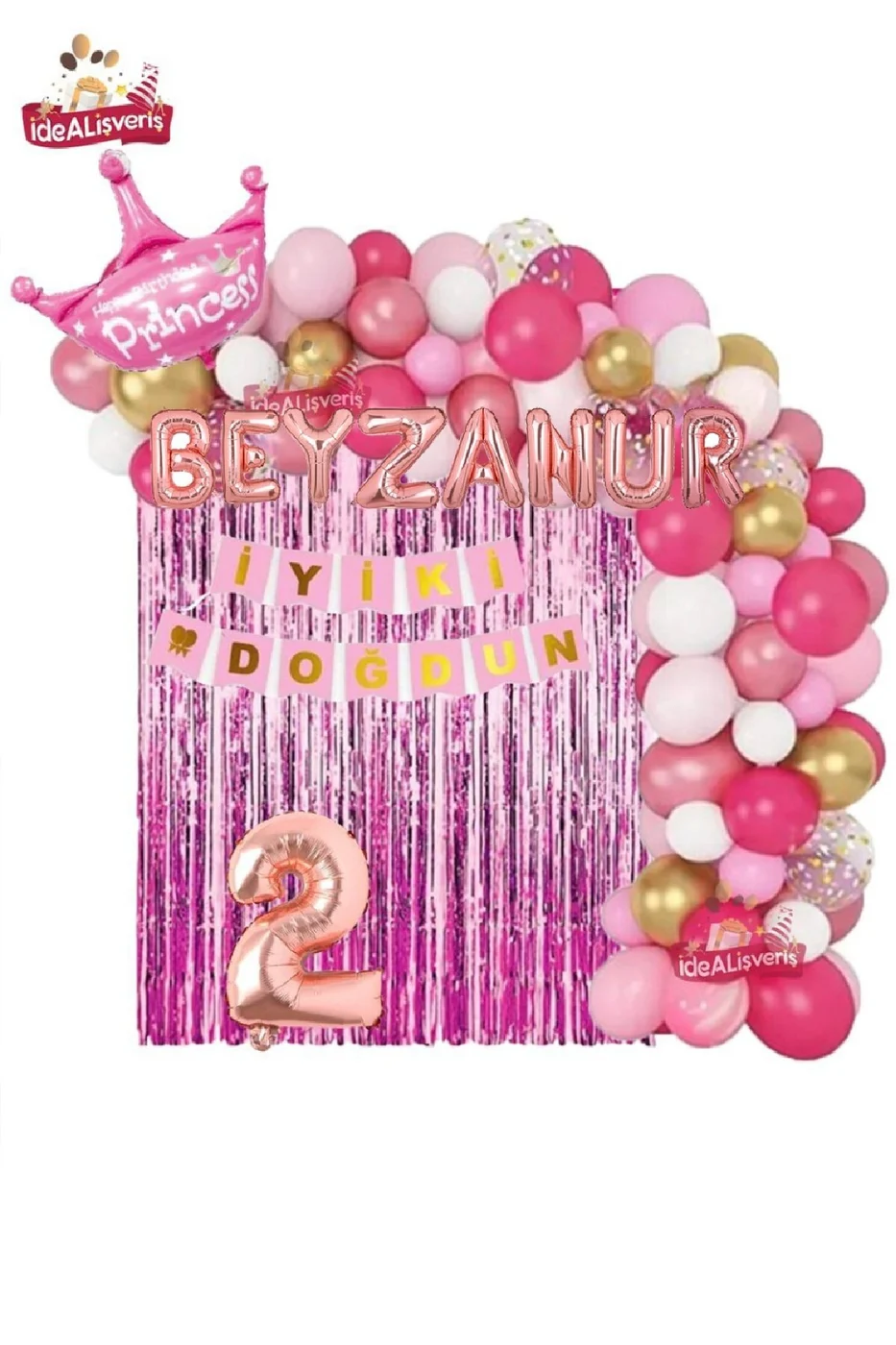7 Harfli Rose İsimli Pembe Beyaz Konseptli Kraliçe Taçlı Doğum Günü Balon Zincir Parti Seti Süsü gorsel 2